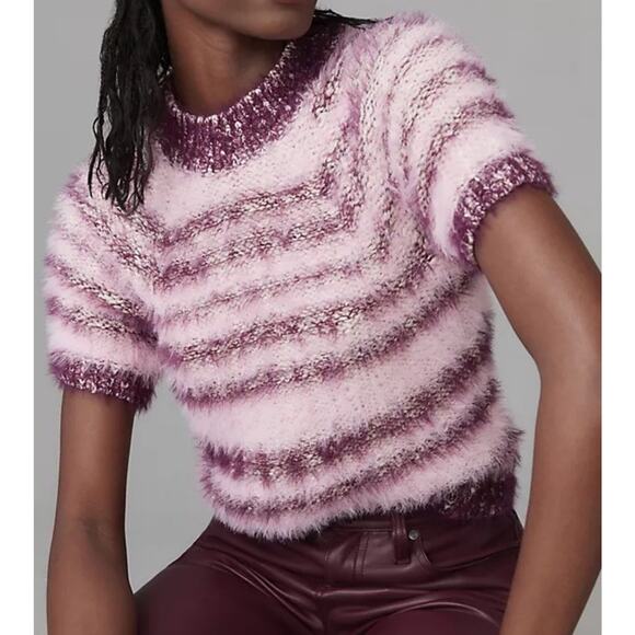 Pilcro Sweaters - Pilcro Baby Sweater Short Sleeve Pink Striped Fuzzy Cozy M